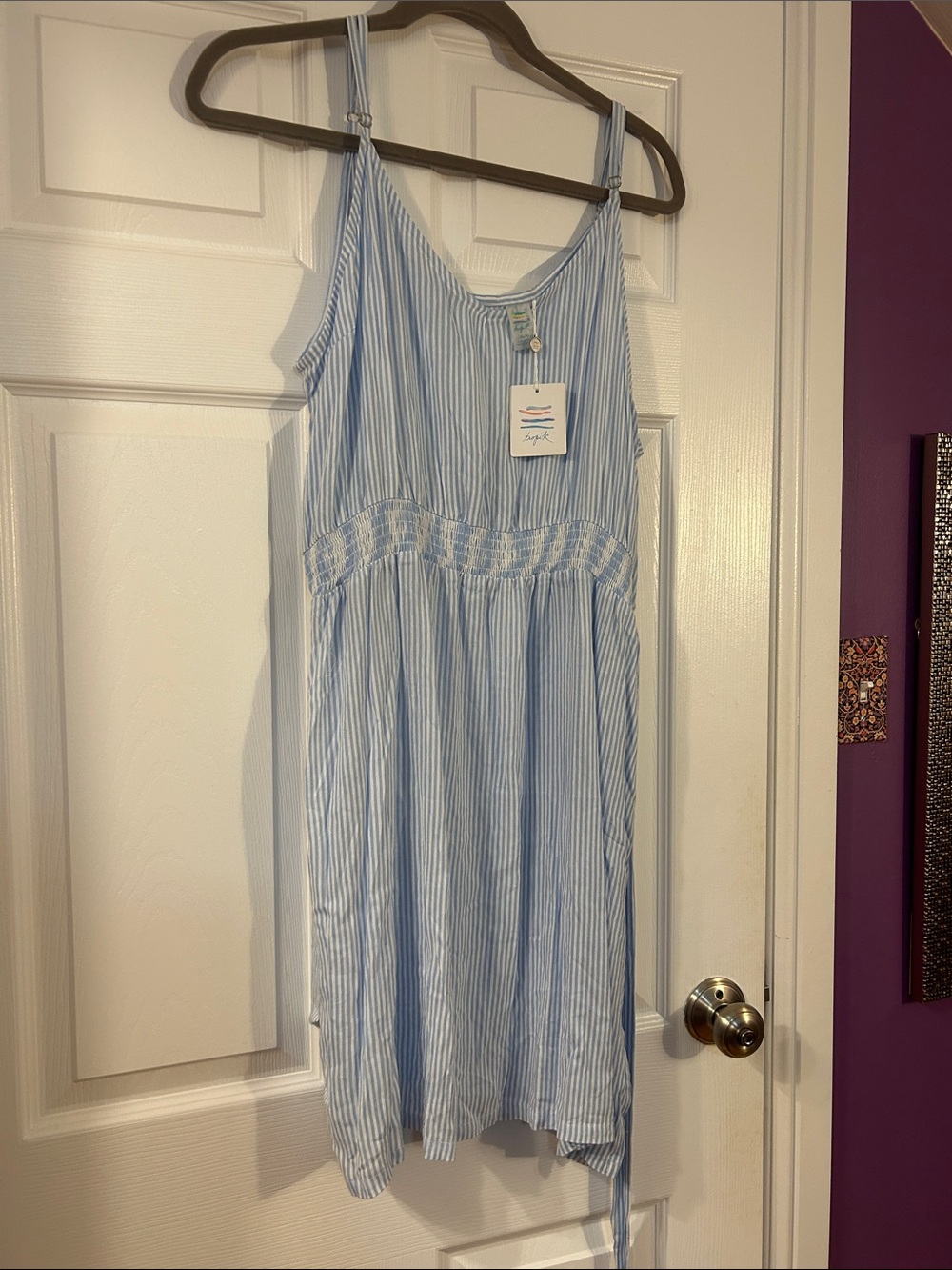 NWT Tropik size XL Light Blue Striped Casual Sundress with Smocked Waist